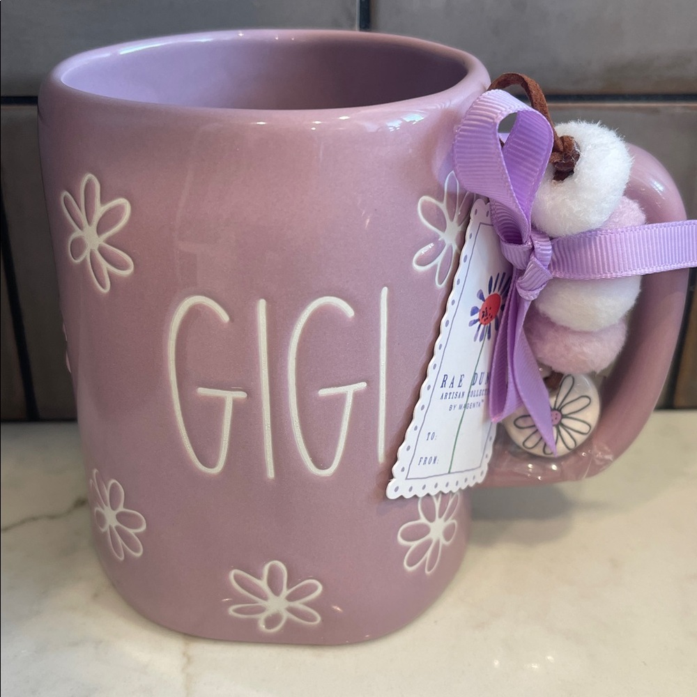 Rae Dunn Purple GIGI Floral Mug with Pom-Pom Charm